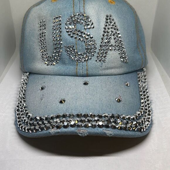 USA Rhinestone Denim Baseball Cap – Bling Patriotic Hat - Picture 1 of 6